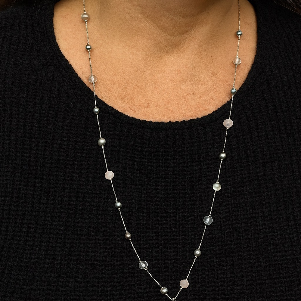 Vintage Bead Statement Necklace Silvertone chain 40” pink white gray beads